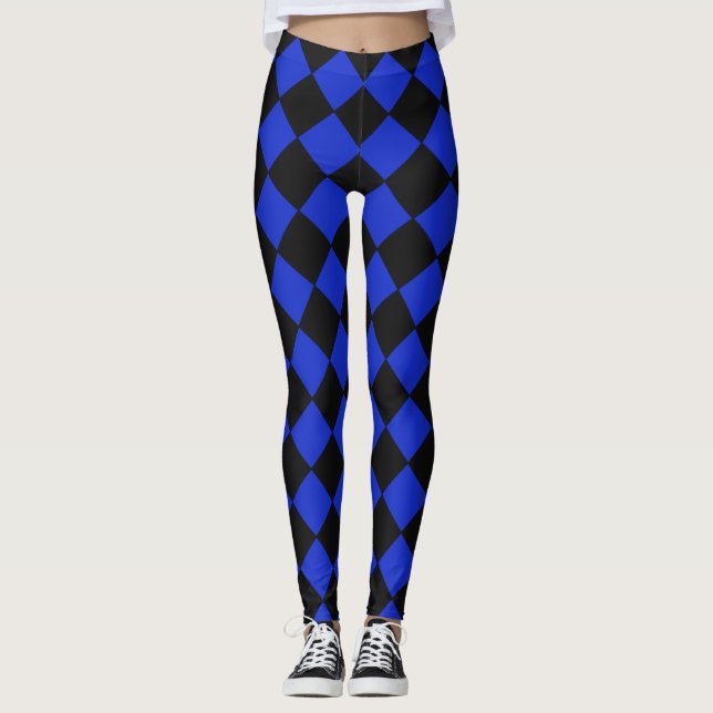 Royal Blue Harlequin Diamond Pattern Mardi Gras Leggings (Front)