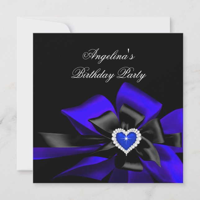 Royal Blue Heart Black Bow Image Birthday Party Invitation (Front)