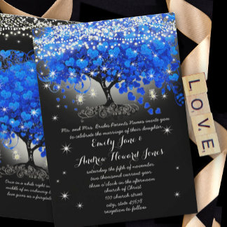 Royal Blue Heart Leaf Tree Mason Jar on Black Invitation