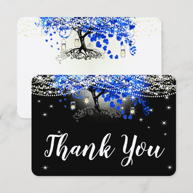 Royal Blue Heart Leaf Tree on Black Wedding RSVP Card (Front/Back)