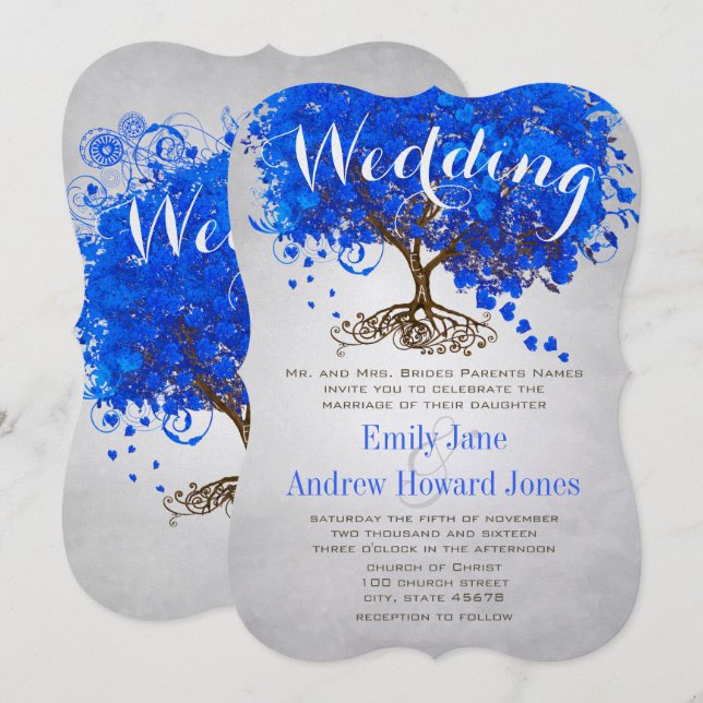 Royal Blue Heart Leaf Tree Wedding Invites (Front/Back)