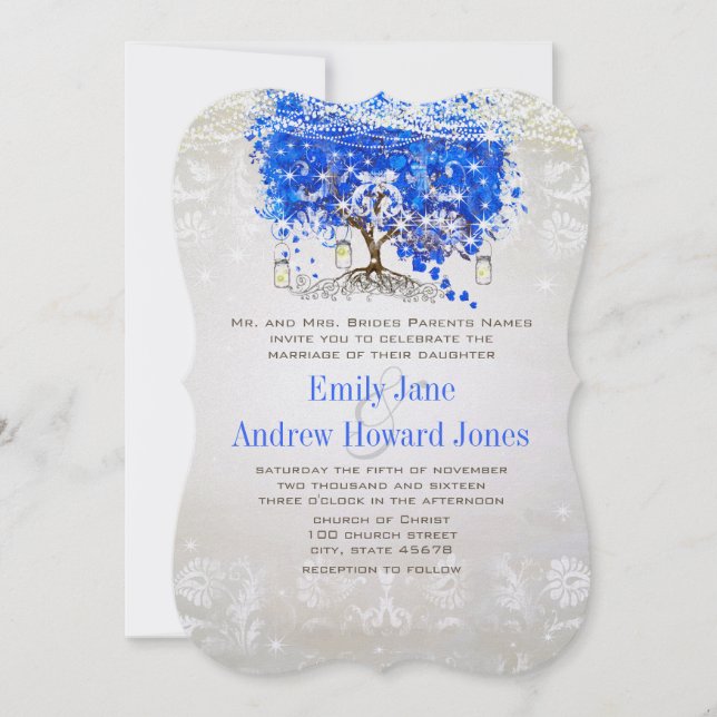 Royal Blue Heart Leaf Tree Wedding Invites (Front)
