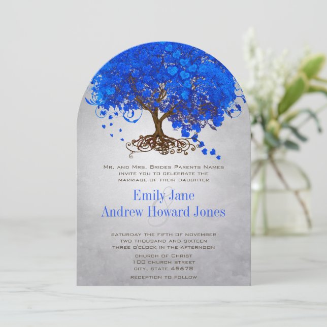 Royal Blue Heart Leaf Tree Wedding Invites (Standing Front)