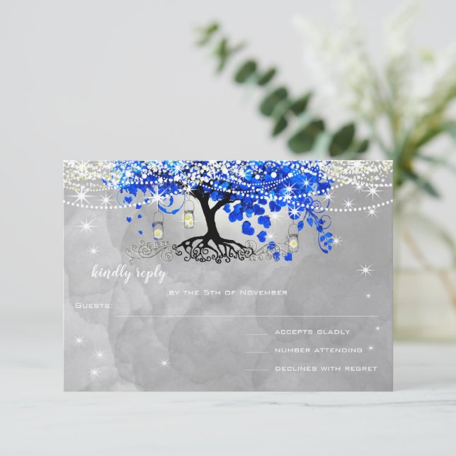 Royal Blue Heart Leaf Tree Wedding RSVP (Standing Front)
