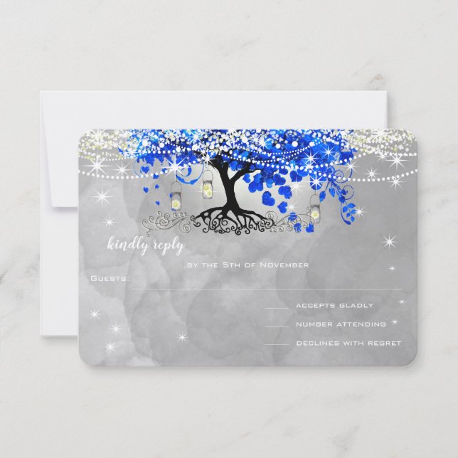 Royal Blue Heart Leaf Tree Wedding RSVP (Front)