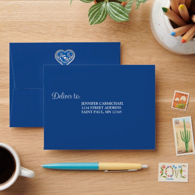 Royal Blue Heart Wedding RSVP Envelope (Desk)