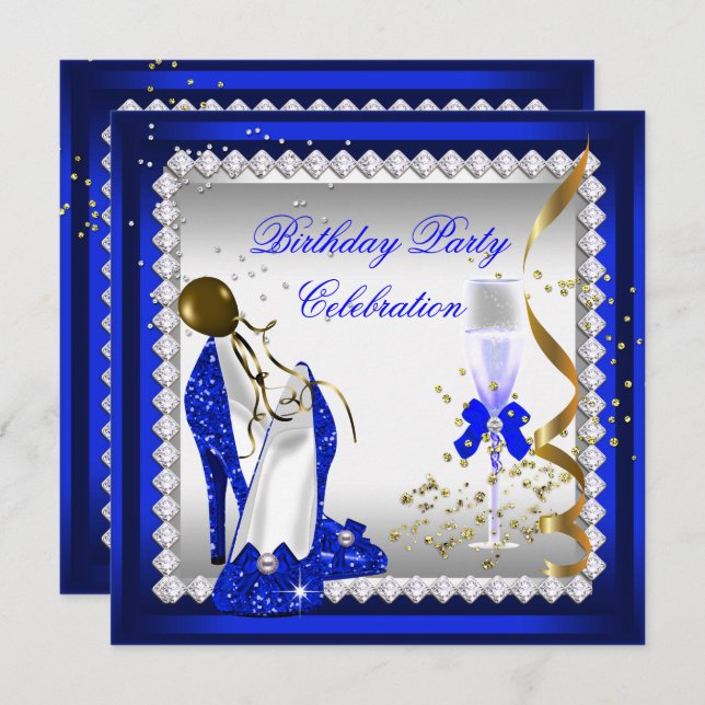 Royal Blue Heels Gold Champagne Birthday Party Invitation (Front/Back)