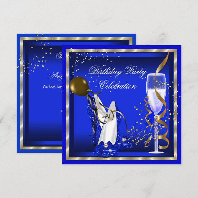 Royal Blue Heels Gold Glitter Birthday Party Invitation (Front/Back)