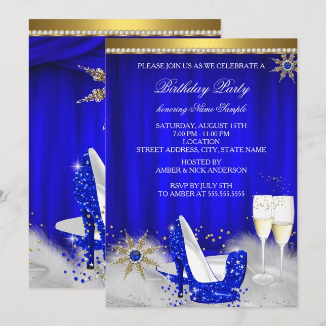 Royal Blue High Heels Snowflake Gold Champagne Invitation (Front/Back)