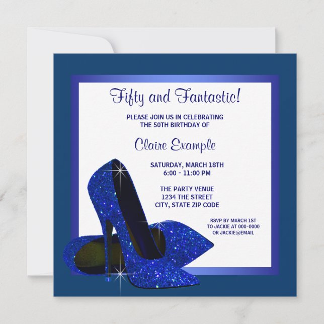 Royal Blue High Heels Womans Birthday Party Invitation (Front)