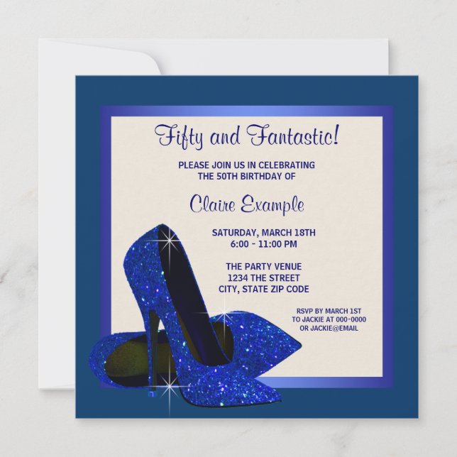 Royal Blue High Heels Womans Birthday Party Invitation (Front)