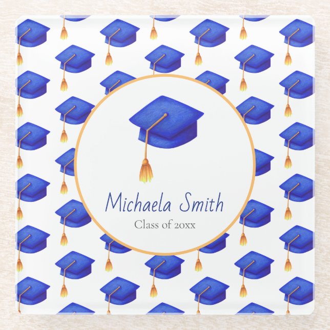 Royal Blue High School Graduation Personalised  Glass Coaster (Front)