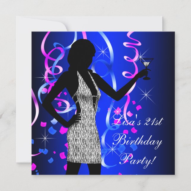 Royal Blue Hot Pink 21st Birthday Party Invitation (Front)