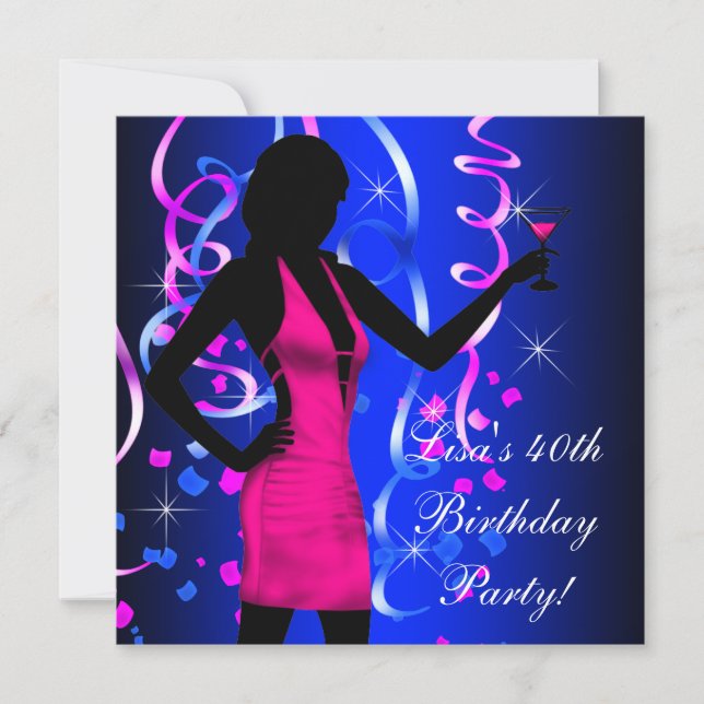 Royal Blue Hot Pink 40th Birthday Party Invitation (Front)