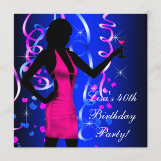 Royal Blue Hot Pink 40th Birthday Party Invitation