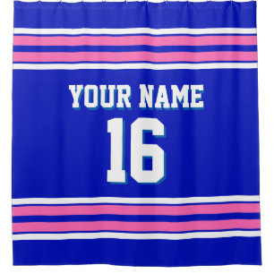 Royal Blue Hot Pink White Stripes Sports Jersey Shower Curtain