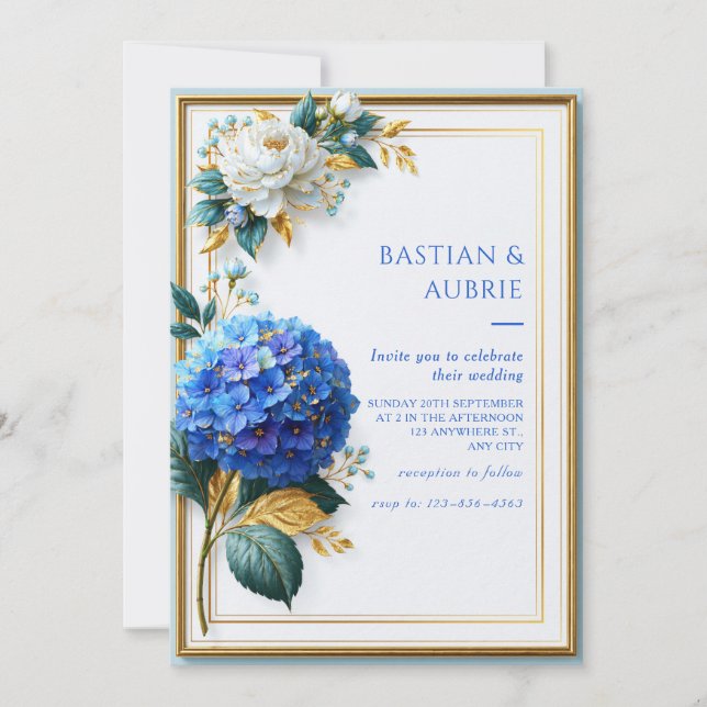 Royal Blue Hydrangea Gilded Frame Wedding Invitation (Front)
