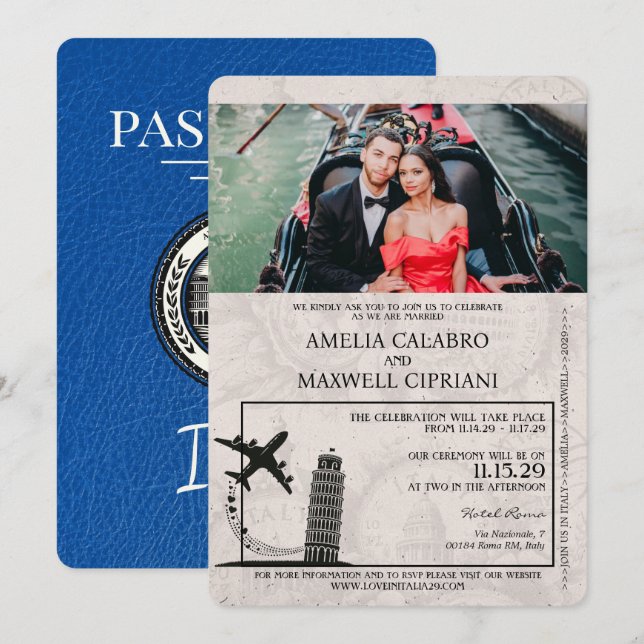 Royal Blue Italy Passport Wedding Invitation (Front/Back)