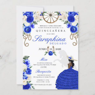 Royal Blue & Ivory Roses Western Quinceañera Invitation