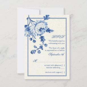 Royal Blue Ivory Toile Floral Wedding RSVP Reply Invitation