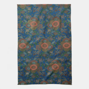 Royal Blue Japanese Floral Vintage Pattern Tea Towel