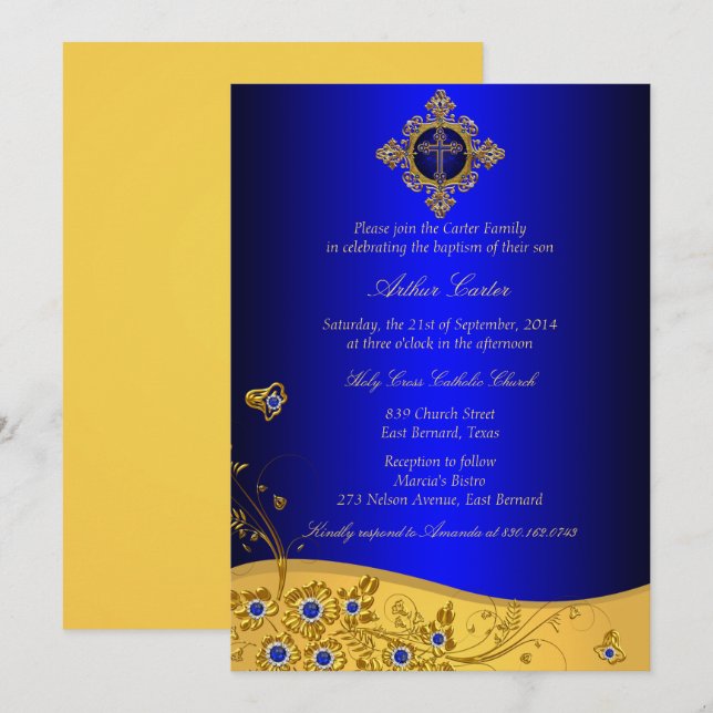 Royal Blue Jewel Floral & Cross Baptism Invitation (Front/Back)