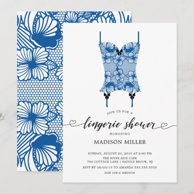 Royal Blue Lace Corset Bridal Lingerie Shower Invitation (Front/Back)