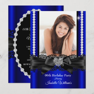 Royal Blue Lace Diamond Heart Photo Birthday Party Invitation