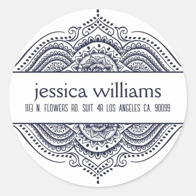 Royal Blue Lace Floral Paisley Mandala Design Classic Round Sticker (Front)