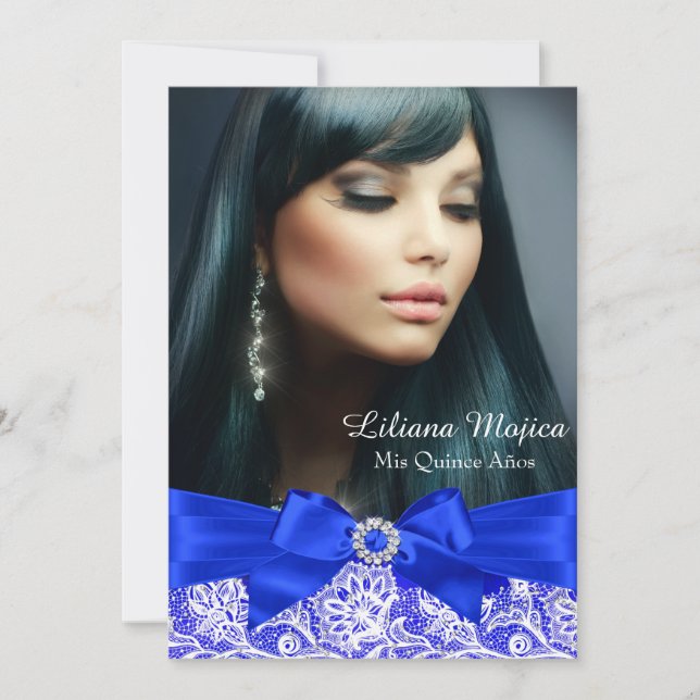 Royal Blue Lace & Jewel Bow Quinceanera Invitation (Front)