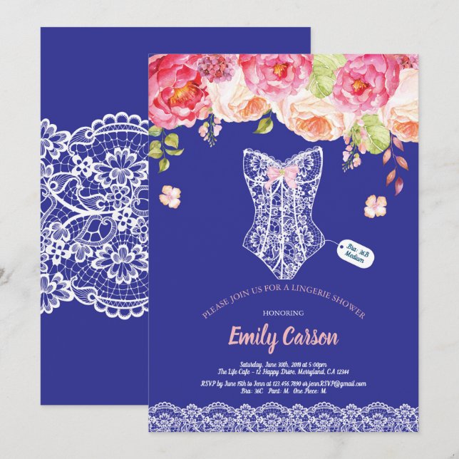 Royal blue lace lingerie shower bridal party invitation (Front/Back)