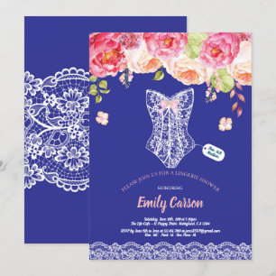 Royal blue lace lingerie shower bridal party invitation