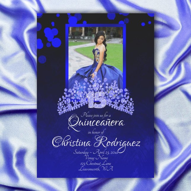 Royal Blue, Light Blue Tiara Rhineston Quinceanera Invitation (Royal blue, light blue rhinestones tiara, blue glitter 15 quinceanera invitation)