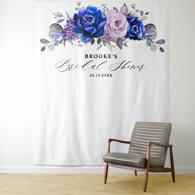 Royal Blue Lilac Purple Floral Bridal Shower Photo Tapestry (In Situ)