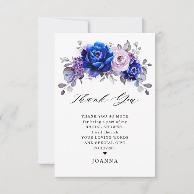Royal Blue Lilac Purple Floral Bridal Shower  Thank You Card (Front)