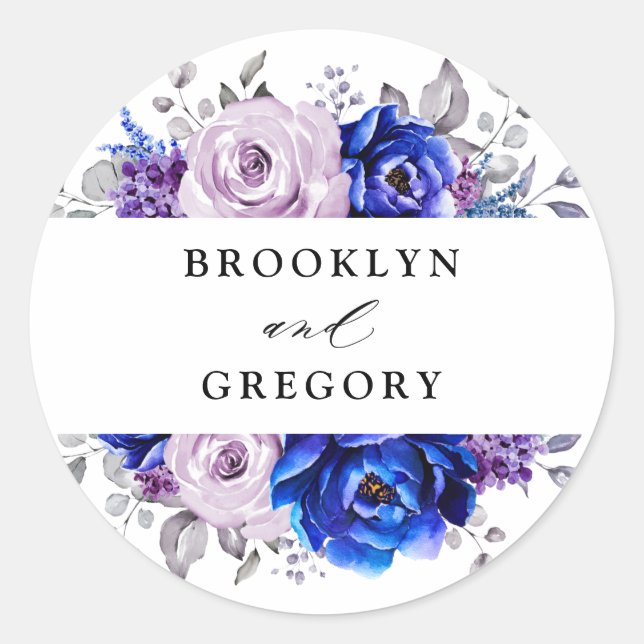 Royal Blue Lilac Purple Floral Envelope Classic Ro Classic Round Sticker (Front)