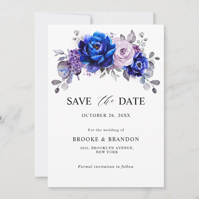 Royal Blue Lilac Purple Floral Save The Date (Front)