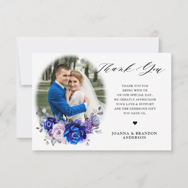 Royal Blue Lilac Purple Floral Wedd Thank You Card (Front)
