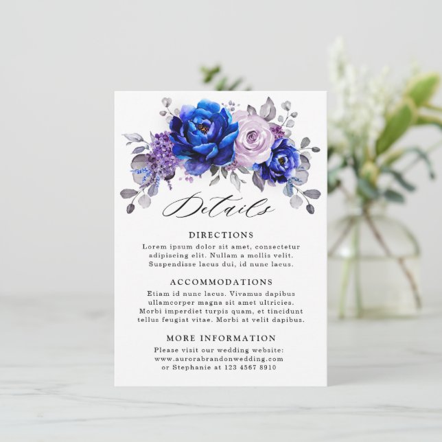 Royal Blue Lilac Purple Floral Wedding Details Enclosure Card (Standing Front)