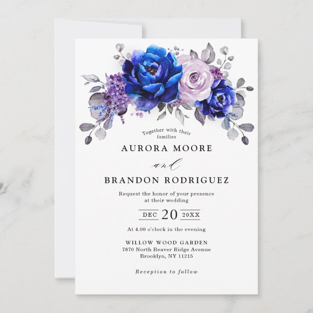 Royal Blue Lilac Purple Floral Wedding Invitation (Front)