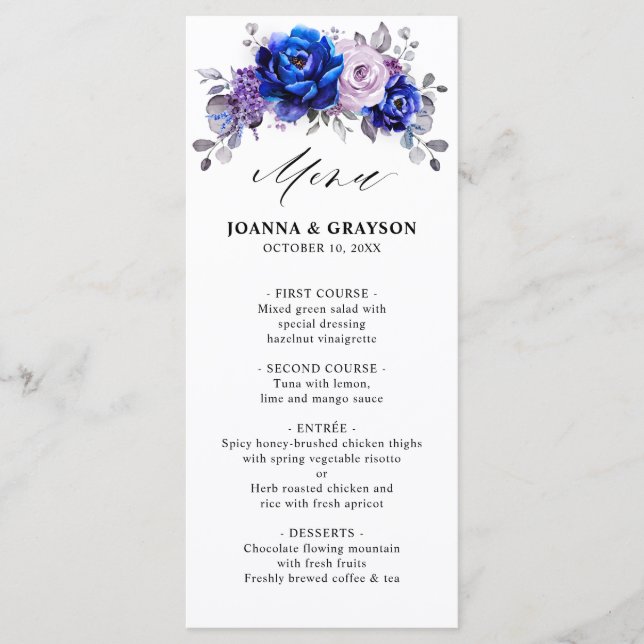 Royal Blue Lilac Purple Floral Wedding Menu (Front)