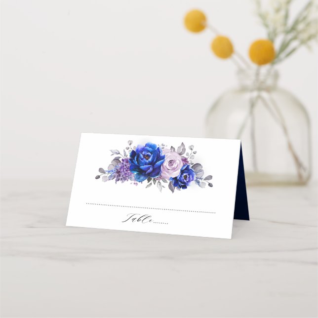 Royal Blue Lilac Purple Floral Wedding Place Card (Front)