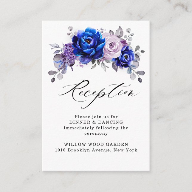 Royal Blue Lilac Purple Floral Wedding Reception E Enclosure Card (Front)