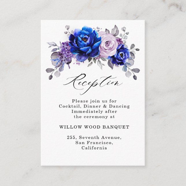 Royal Blue Lilac Purple Floral wedding Reception Enclosure Card (Front)