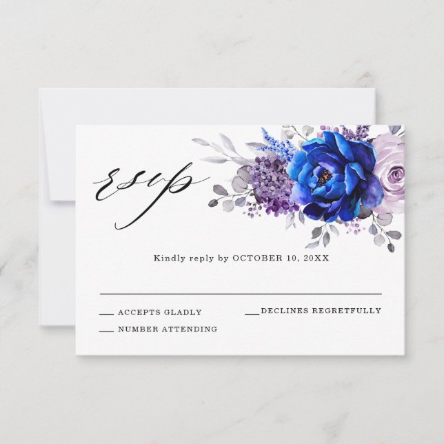 Royal Blue Lilac Purple Floral Wedding RSVP Card (Front)