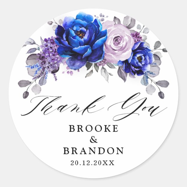 Royal Blue Lilac Purple Floral Wedding Thank You Classic Round Sticker (Front)