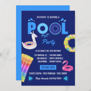 Royal Blue Llama Flamingo Pool Birthday Party Invitation