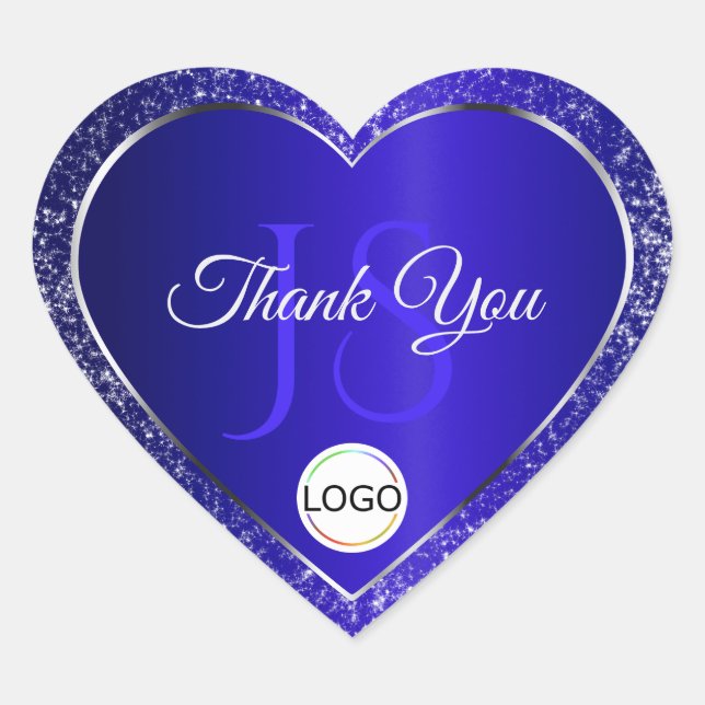 Royal Blue Logo Initials Glitter Cute Thank You Heart Sticker (Front)