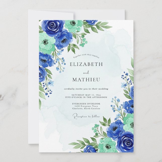 Royal Blue Lush Botanical Spring Wedding Invitation (Front)