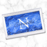 Royal Blue Luxury Agate Glam Monogram Business Card Holder<br><div class="desc">Create your own black and white monogrammed modern minimalist business card case.
Modern monoline style script for her name over a more classic style monogram font.
The background features a faux navy and royal blue sparkly glitter,  marbled foil agate strata digital art that prints like a photo.</div>